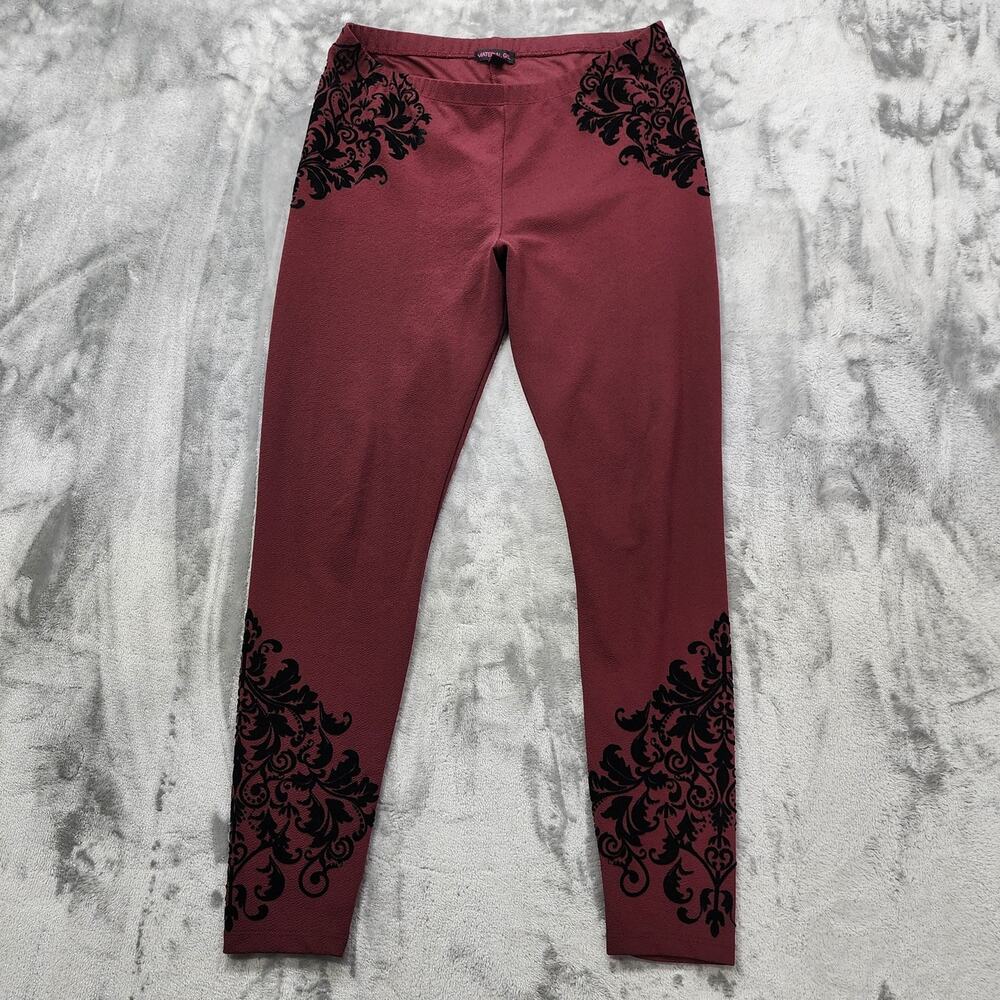 Material Girl Leggings Women XL Burgundy Red Velvet Floral Pull On Ankle Holiday